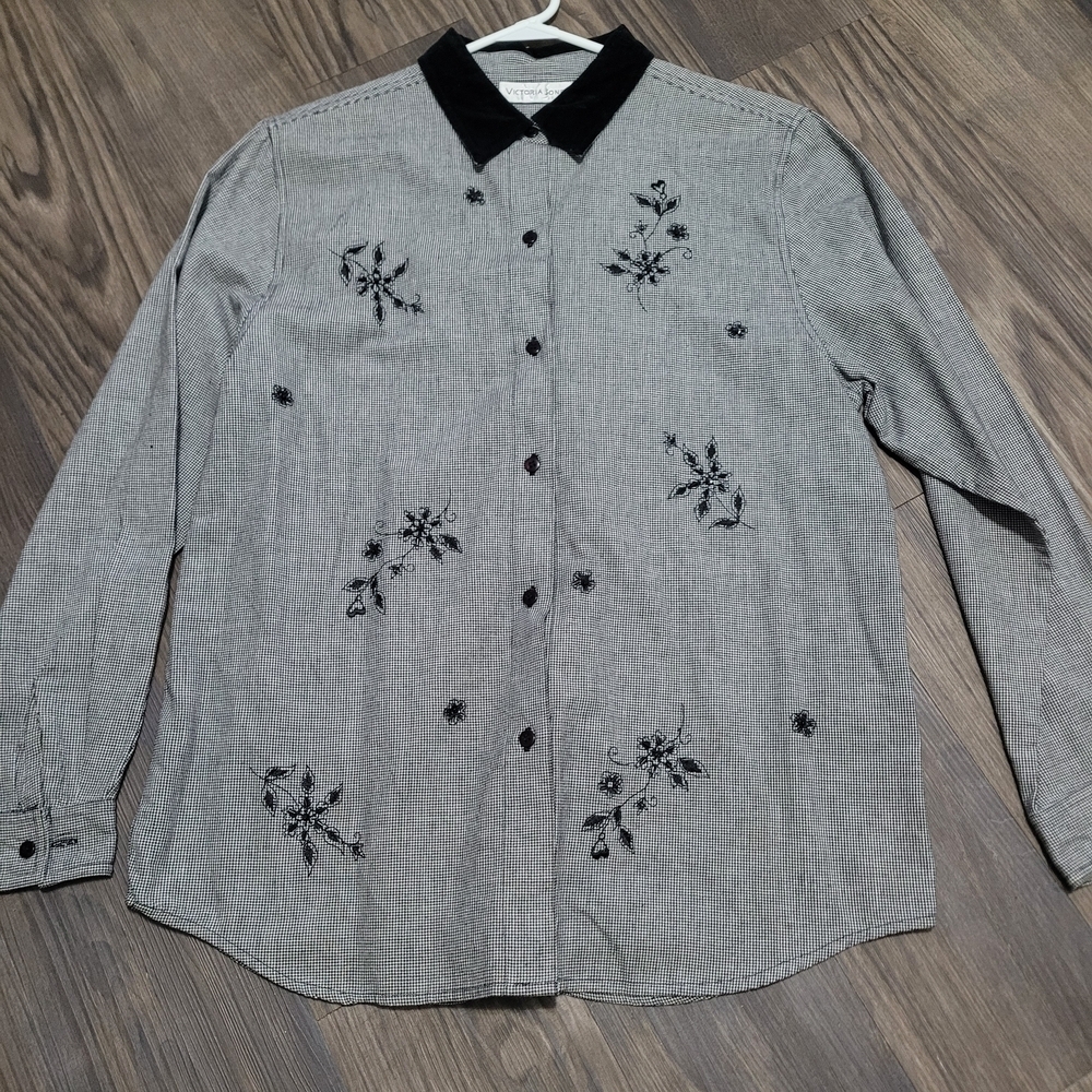 Victoria Jones houndstooth long-sleeved button-down shirt Size L Velvet Collar